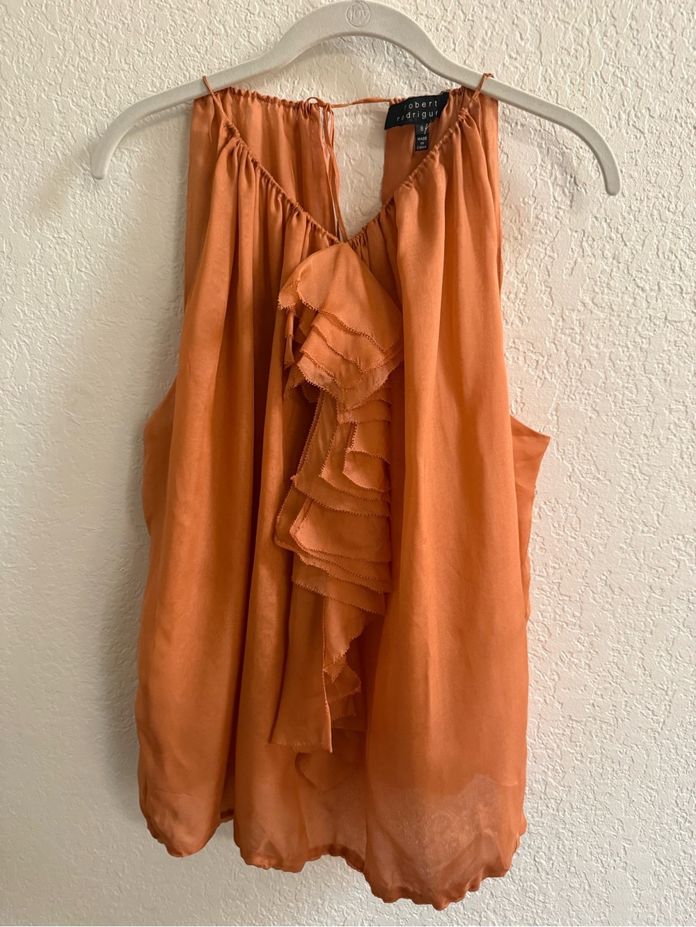 Robert Rodriguez 100% Silk Orange Ruffle Front Sleeveless Top